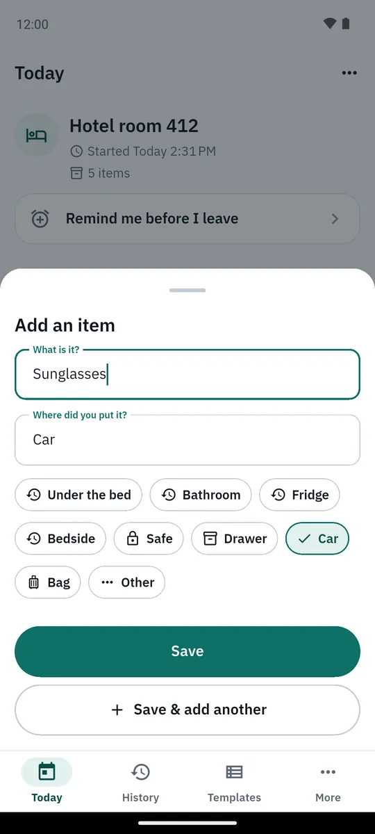 App screenshot: Add an item in seconds