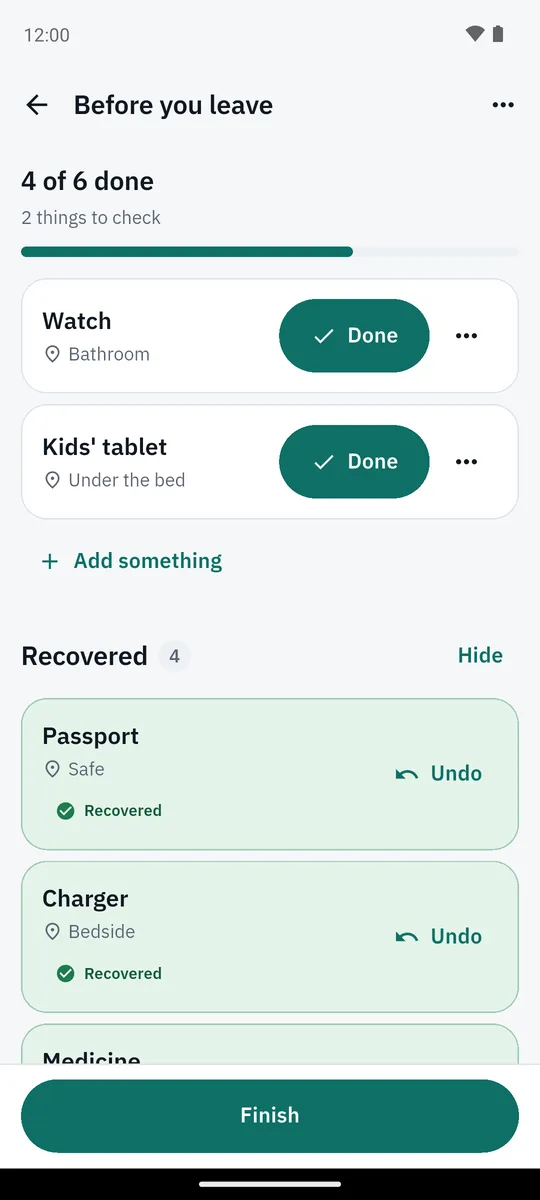 App screenshot: Before you leave: the checklist