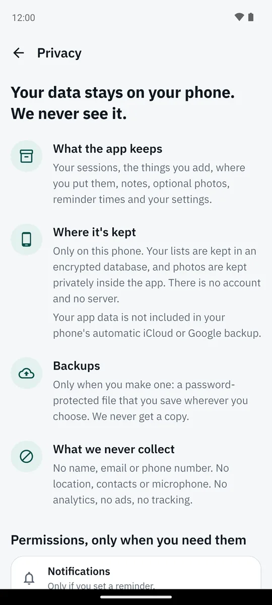 App screenshot: Your data stays on your phone
